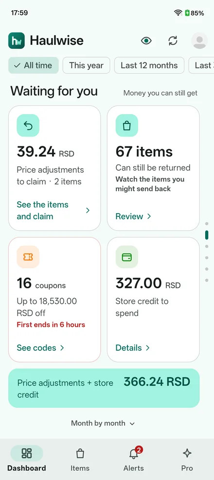 Waiting for you: price adjustments to claim, items that can still be returned, coupons with the first ending in six hours, and store credit to spend.