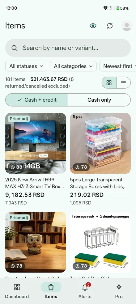 Items as a grid of pictures, each with its real cost above Temu's crossed-out price, days left to return it, and a switch between cash plus credit and cash only.