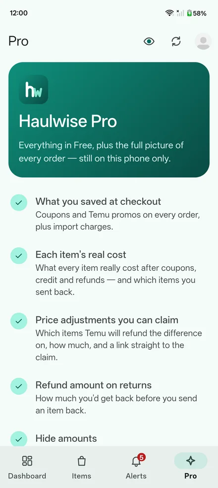 The Pro page: everything in Free plus the full picture of every order, listed feature by feature.