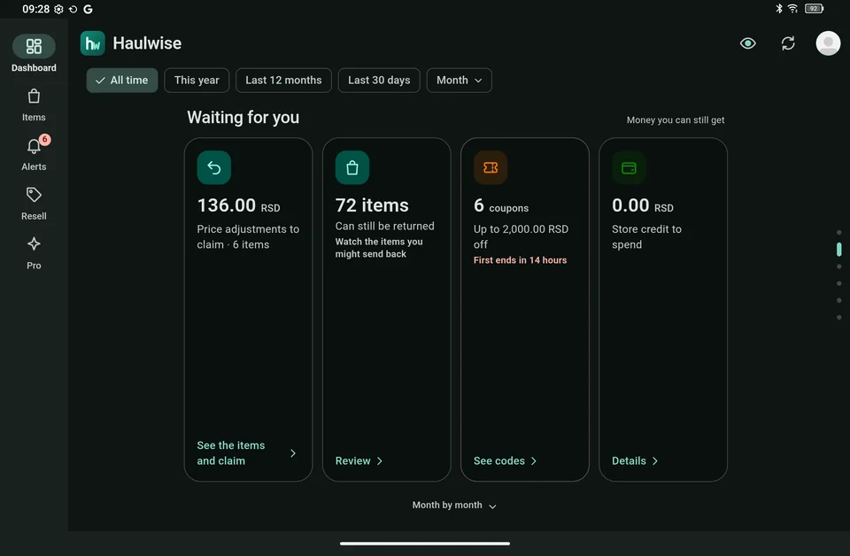 The dashboard's Waiting for you cards on a tablet, in the dark theme.